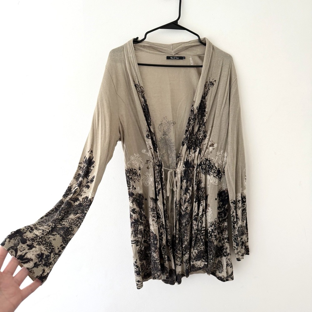 Nic + Zoe Cardigan L Beige Black Graphic Silk Linen Tie Waist Fairy Grunge Indie - Picture 2 of 9